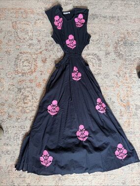 Black Maxi Dress with Pink Floral Embroidery